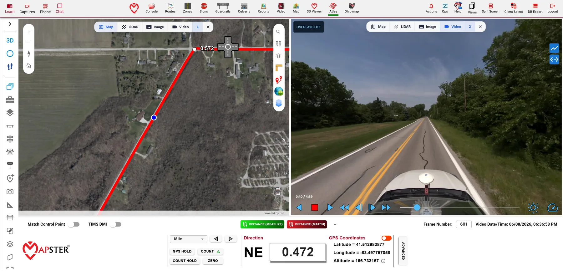 MapsterStudio Atlas: map of SR 163 with the current milepoint beside the 360-degree drive video of the same spot